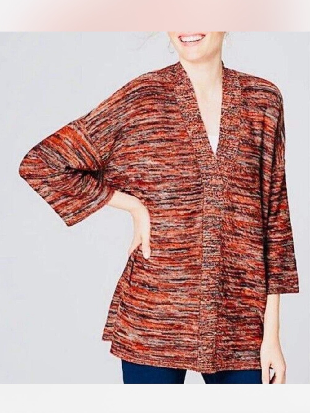 Pure Jill Marled V-Neck Pullover Sweater Medium Boho Relaxed Knit Cotton Fall